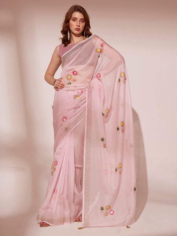 Pink Designer Brush Printed Blooming Organza Saree