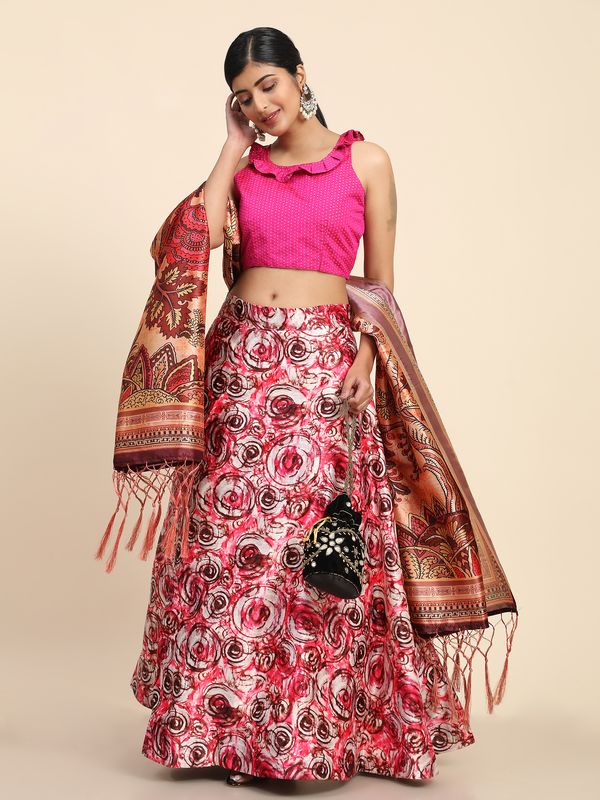 Digital Print Satin Silk Fabric Stitched Lehenga Choli With Jequared Blouse and Assami Silk Thread Work Dupatta For Women and Girls In Festive Party And Traditional Wear