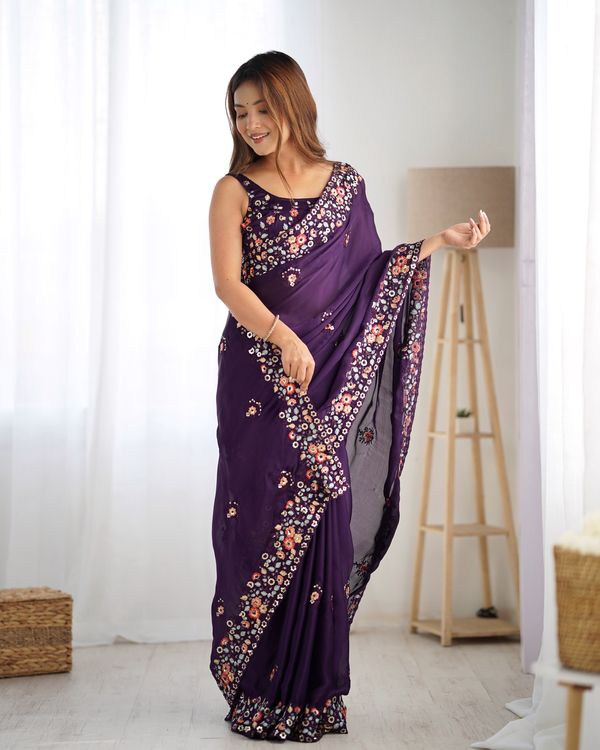 Purple Multy Thread & Sequance Embroidery Work Satin Chiffon Saree
