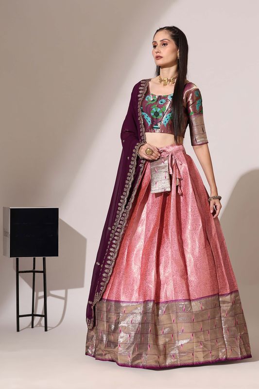 Light Pink Jacquard Jacquard Work Lehenga