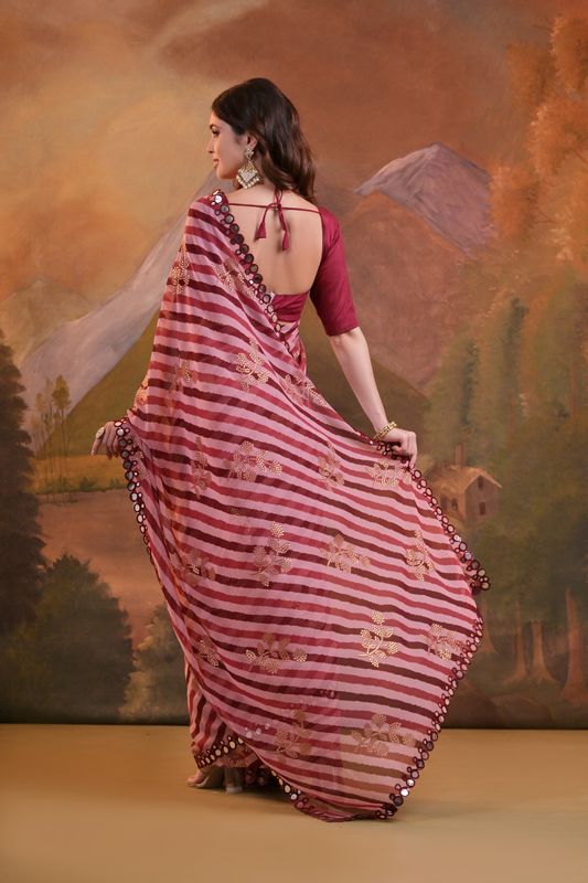 Maroon Laheriya Printed & Foil & Mirror Work Georgette Saree