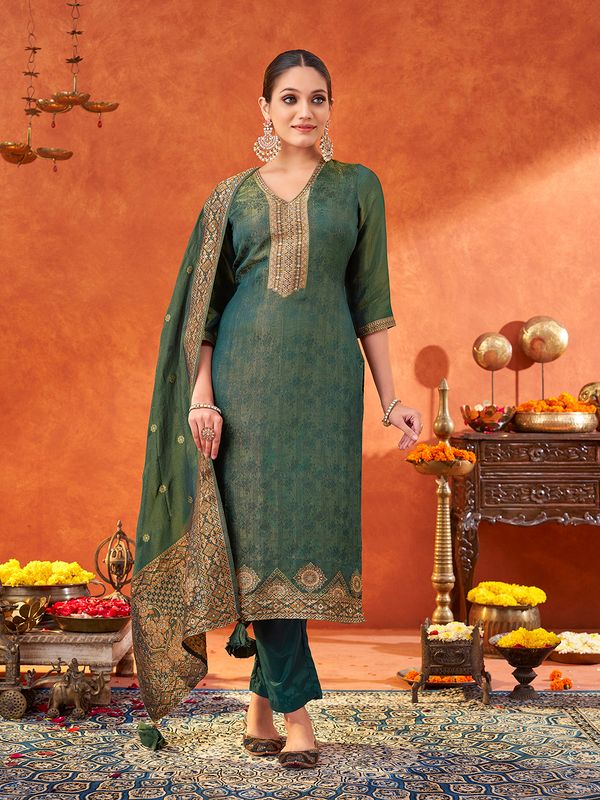 Teal Pure Gold Tissue Silk Kurtas