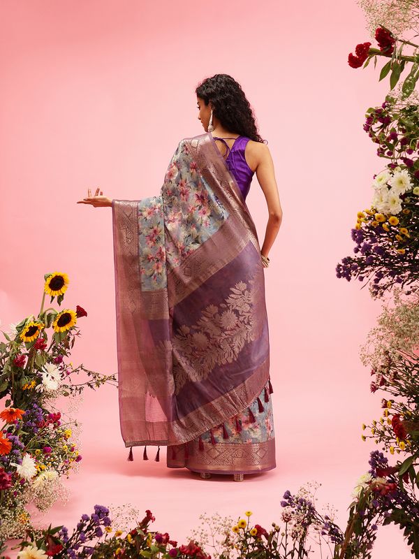 Grey Digital Printed Banarasi Cotton Zari Woven Saree