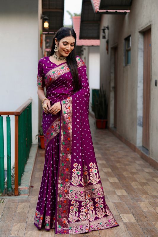 Purple Paithani Silk Wevon Border Pallu Designer Saree With Bandhej Work