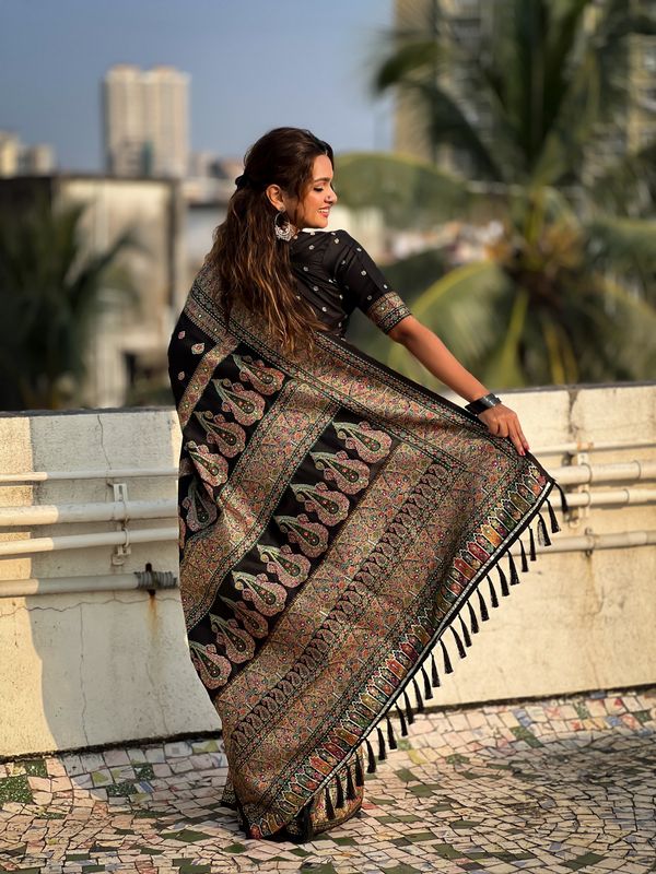 Graceful And Ethnic Black Color Wevon Kashmiri Meenakari Designer Trendy Partywear Saree