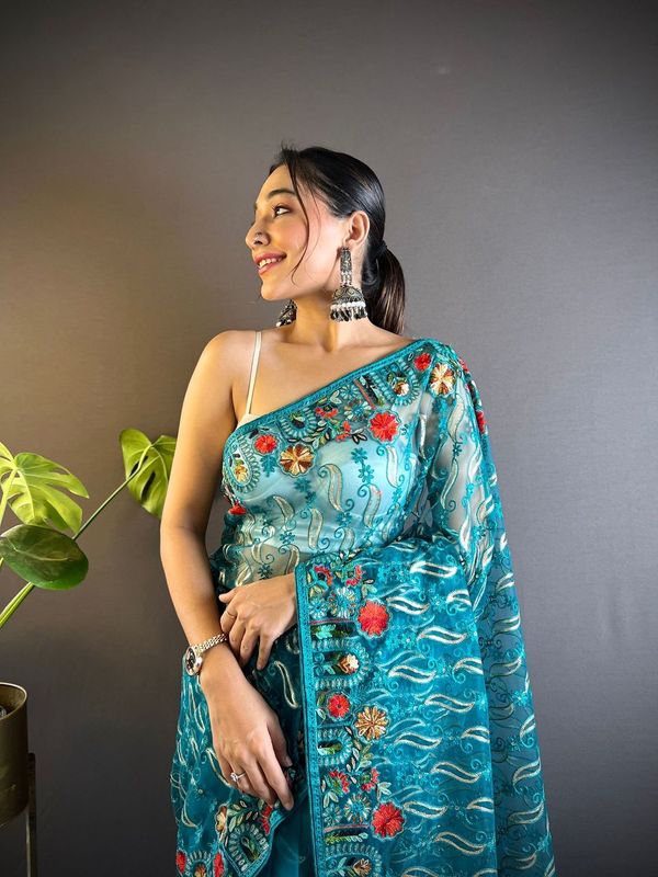 Rama Multy Thread Embroidery Work Butterfly Net Saree