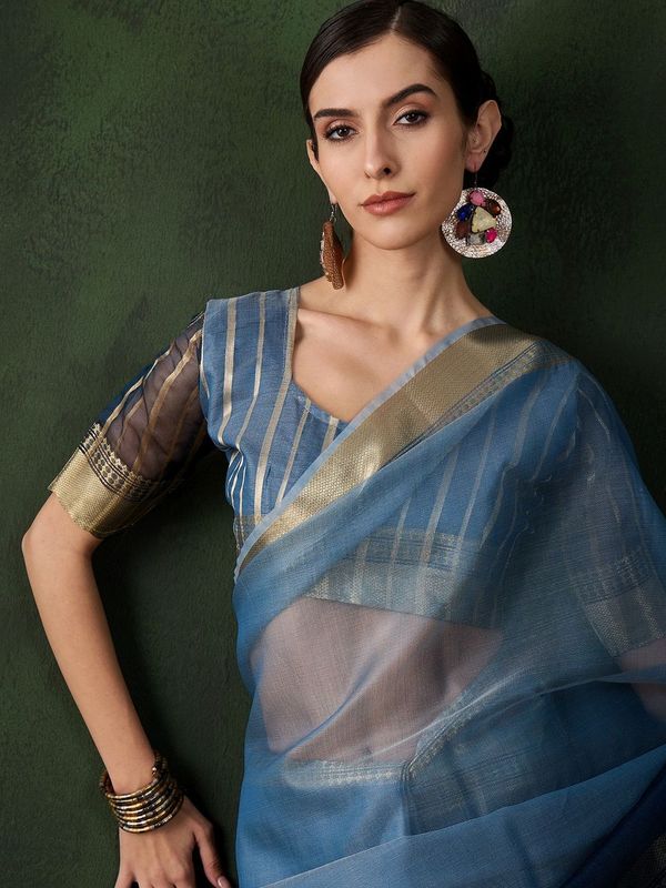 Blue Wevon Jacquard Designer Khadi Organza Saree