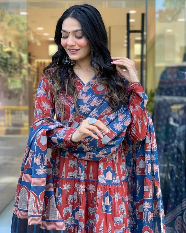 Red Cotton A-Line Kurta, Anarkali Kurta
