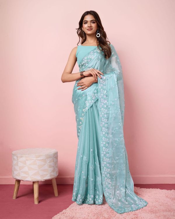 Blue Designer Sequance Embroidery Work Burberry Silk Saree