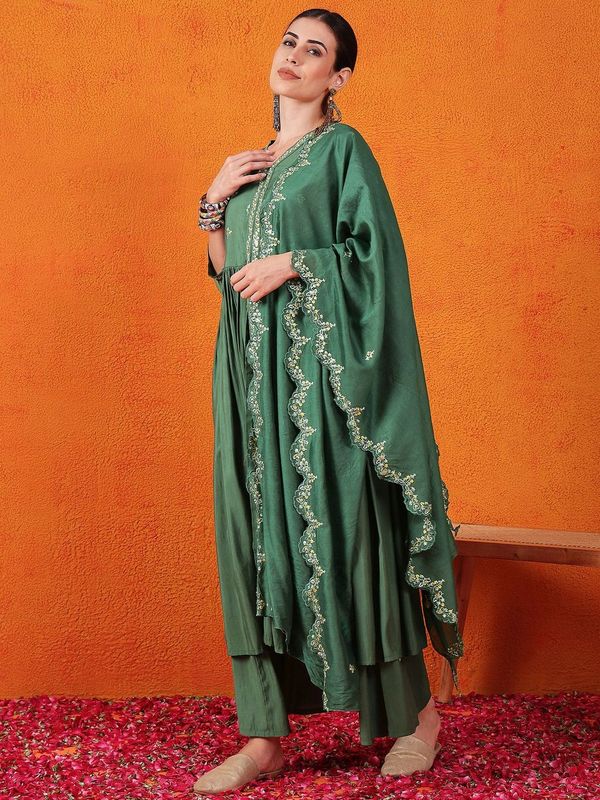 Green Color Beautiful Woven Silk Readymade Suit with Festive Thread Embroidery Work