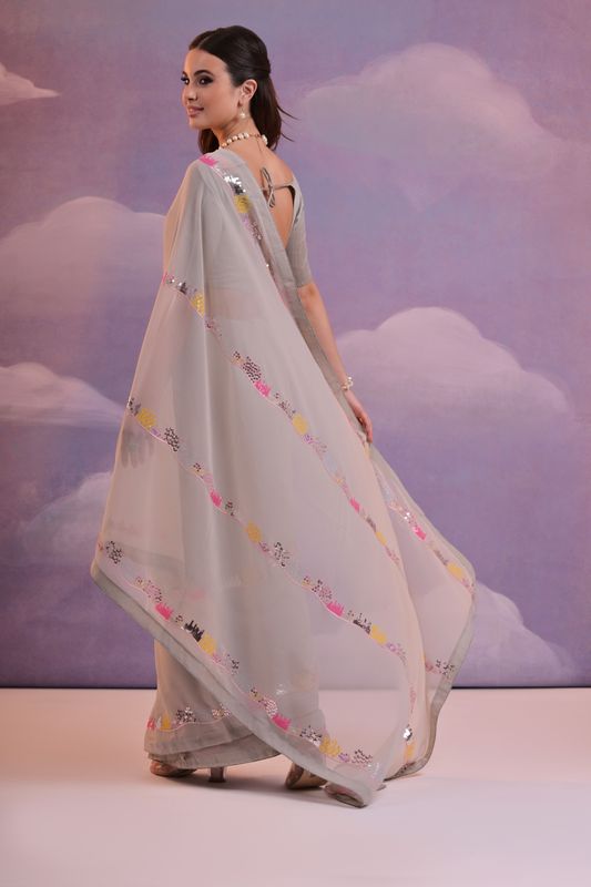 Grey Designer Sequance Embroidery Work Georgette Saree