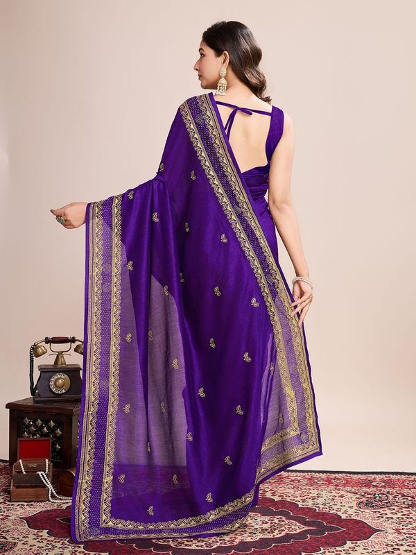 Wine Designer Embroidery Work Vichitra Silk Saree
