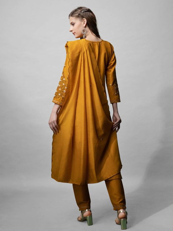 Mustard Color Cotton Blend Readymade Dress With Designer Embroidery Work