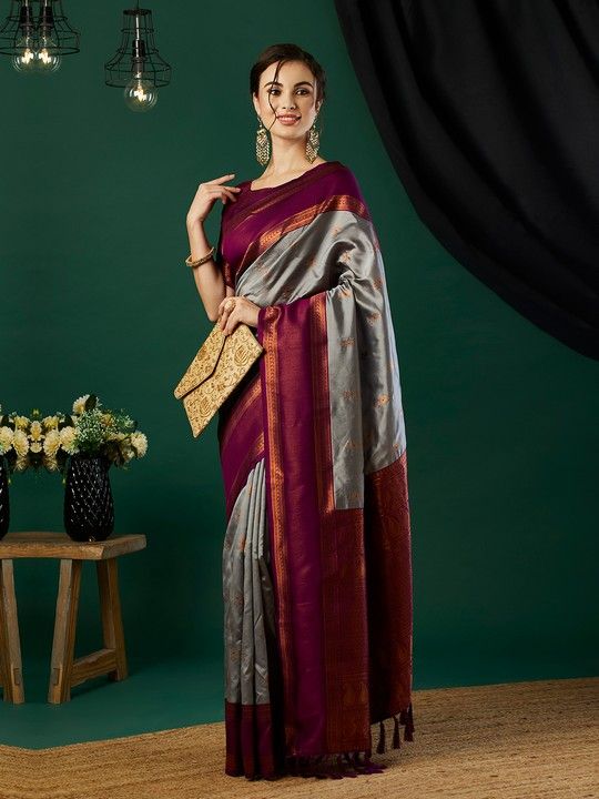 Grey Banarasi Silk Woven Saree With Tassels on Pallu and Stitched Rani Blouse