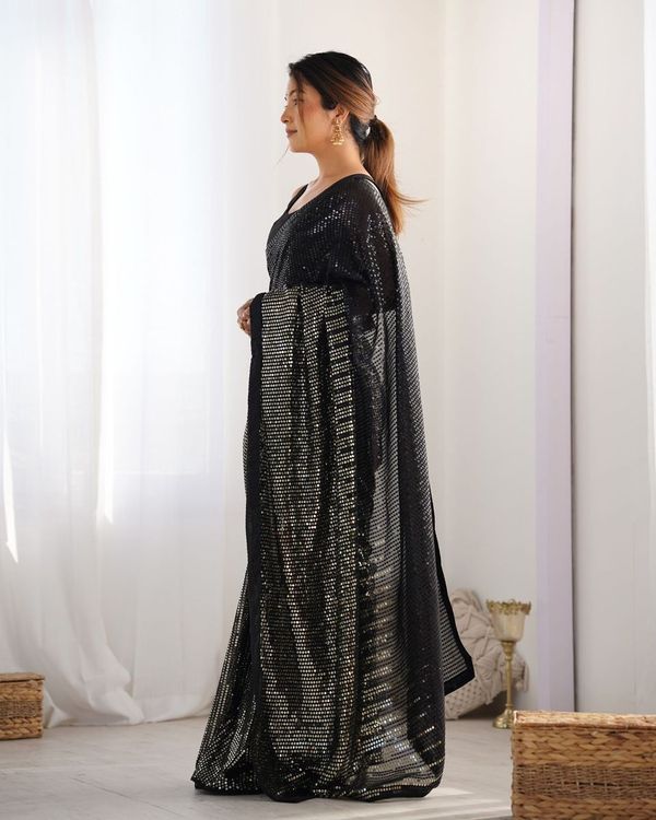 Black Designer Sequance Embroidery Work Georgette Saree