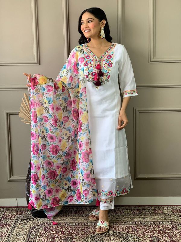 White Chanderi Silk Straight Kurta