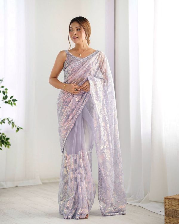 Lavender Heavy Sequance Embroidery Work Mono Net Saree