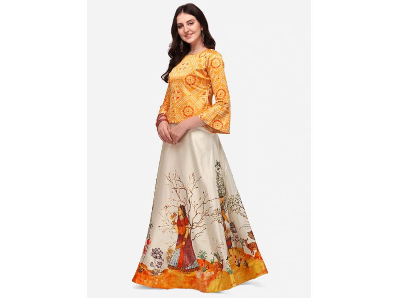 Digital Print Satin Silk Fabric Stitched Lehenga Choli With Jequared Blouse and Assami Silk Thread Work Dupatta For Women and Girls In Festive Party And Traditional Wear
