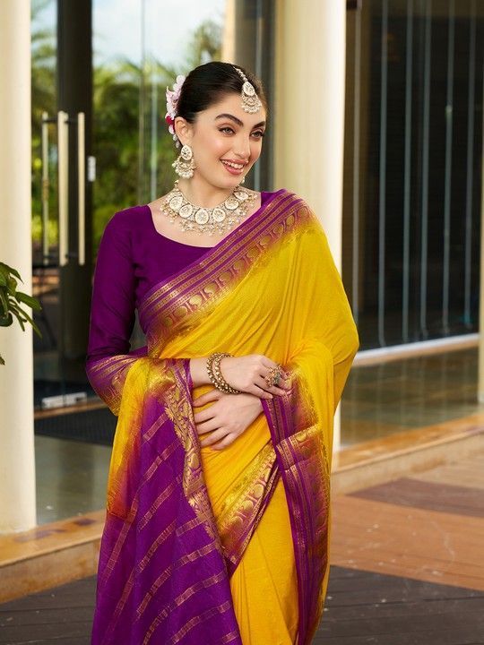 Yellow Crepe Woven Saree and Stitched Wine Blouse