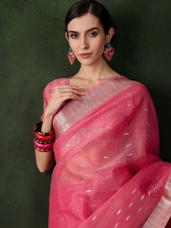 Pink Wevon Jacquard Designer Khadi Organza Saree