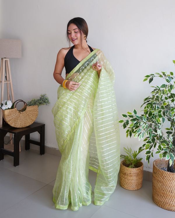 Green Silver Gota Embroidery Work Organza Saree