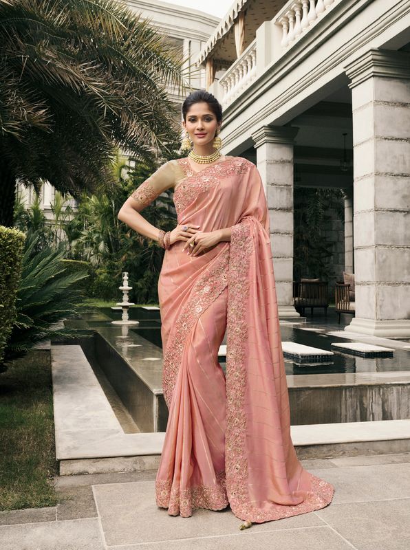 Pink Wevon Jacquard Designer Embroidery Work Viscose Tissue Saree