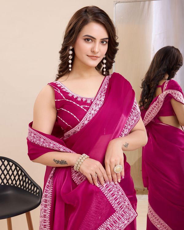 Burgundy Heavy Embroidery Work Lace & Blouse Jimmy Chau Silk Saree