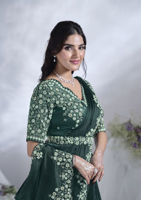 Green Sequance Embroidery & Hand Work Two Tone Satin Silk Saree