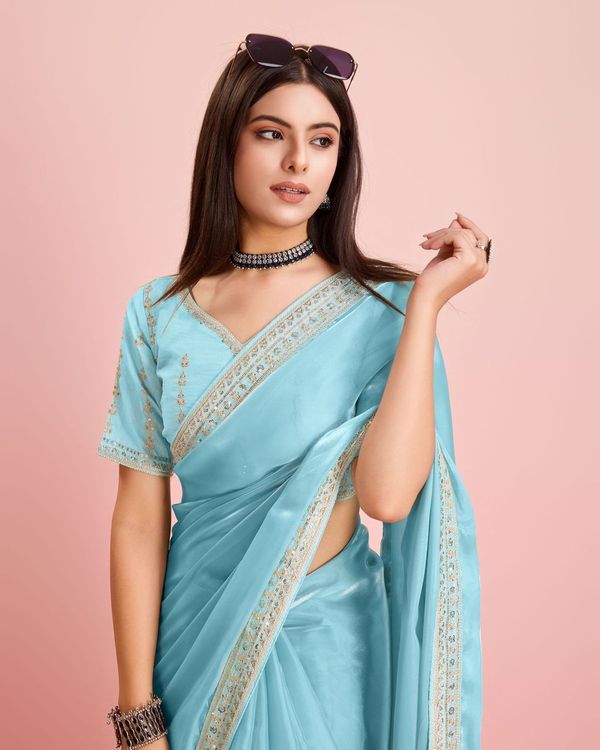 Sky Blue Embroidery Work Lace Blouse Jimmy Choo Saree