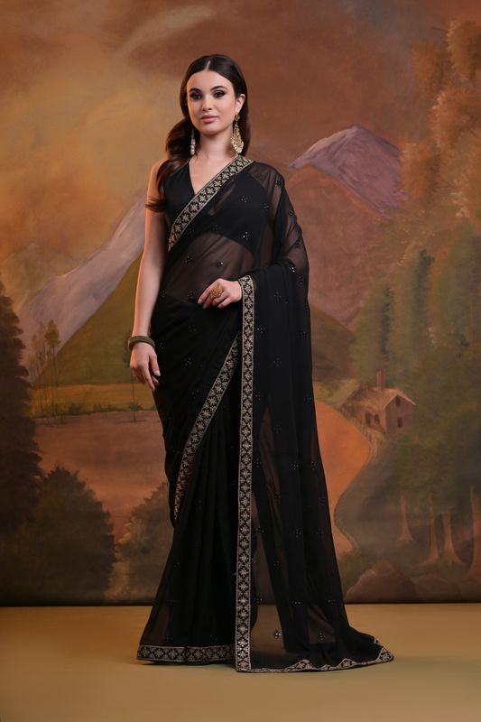 Black Sequance Butti Embroidery Work Georgette Saree