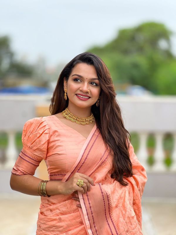 Peach Paithani Silk Wevon Paithani Designer Traditional Rich Partywear Saree