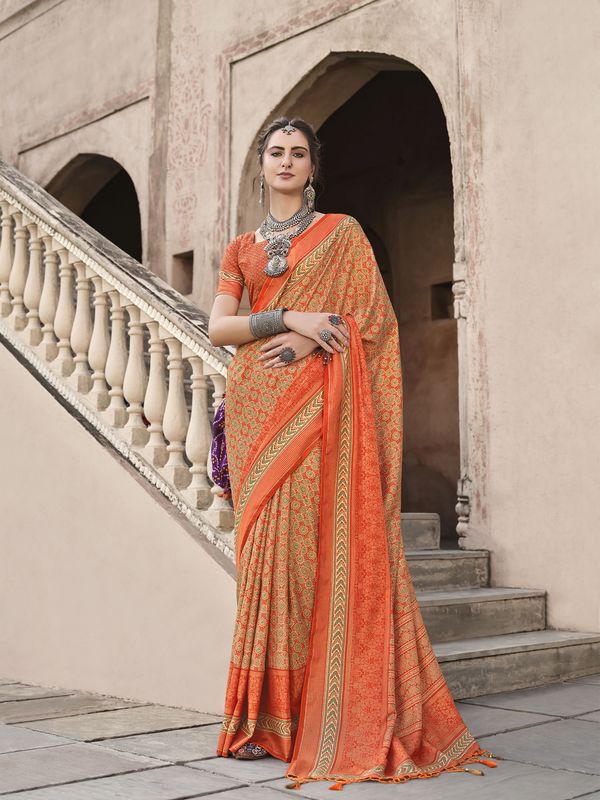 Orange Color Sigma Silk Designer Ajrakh Printed Traditional Print Saree