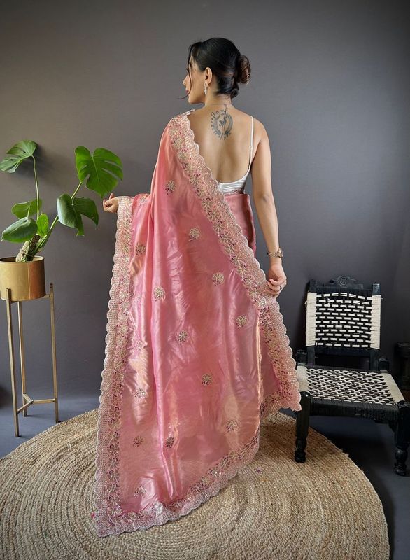Pink Sequance & Thread Embroidery & Cut Work Gold Crunchy Saree