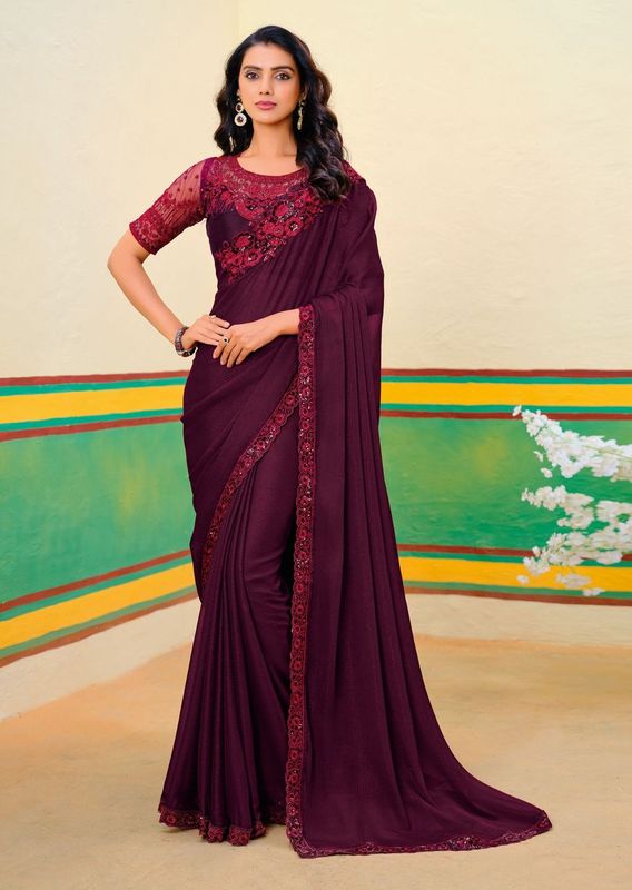 Maroon Oak Wevon Designer & Embroidery Work Georgette Jari Saree