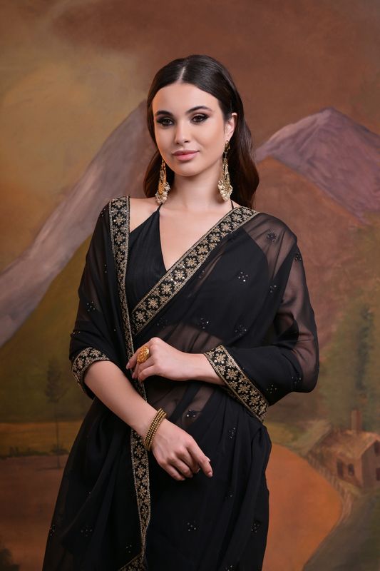 Black Sequance Butti Embroidery Work Georgette Saree