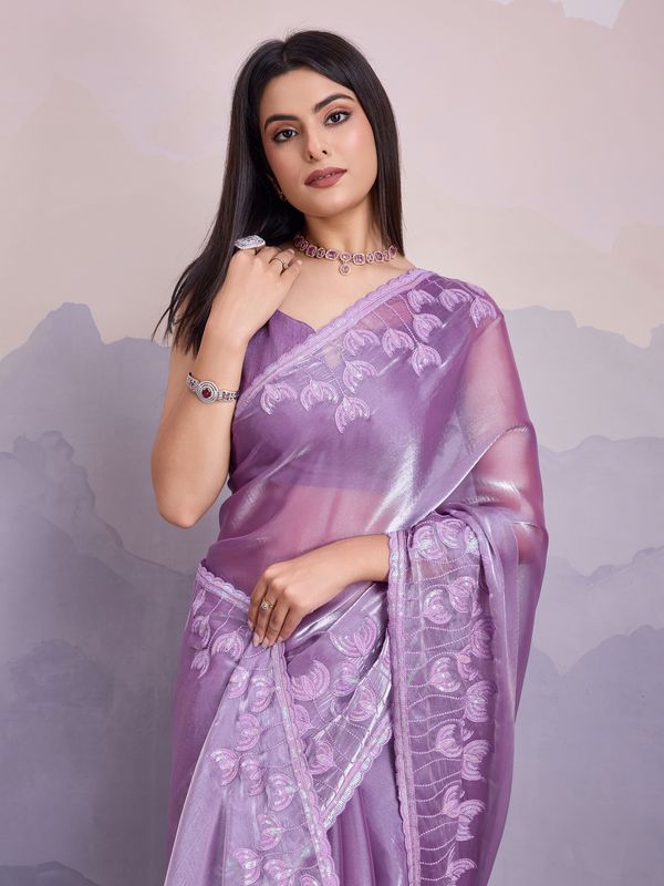 Lavender Thread & Sequance Embroidery Work Jimmi Silk Saree