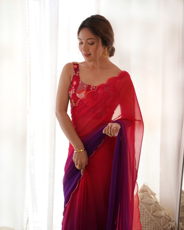 Red Faux Georgette Bollywood Style Padding Color Saree With Beautiful Embroidery Work