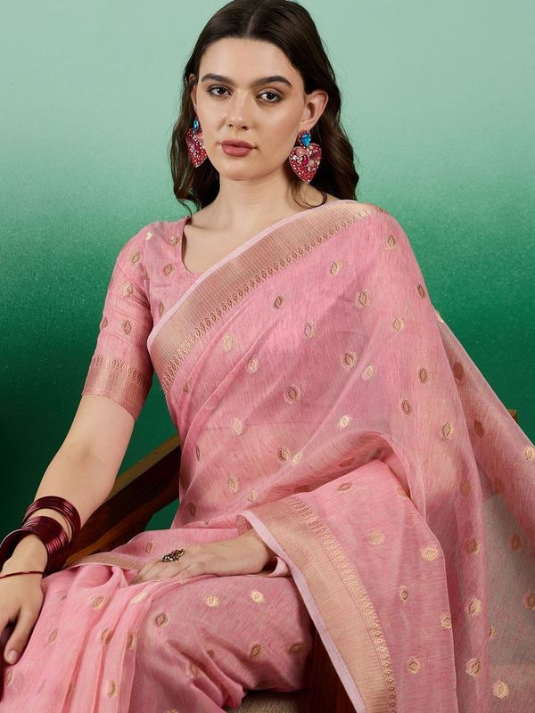 Pink Wevon Jacquard Designer Khadi Organza Saree