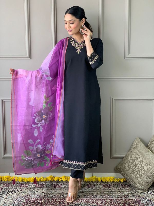 Black Chanderi Cotton Straight Kurta