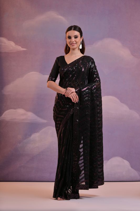 Black Laheriya Style Sequance Embroidery Work Georgette Saree