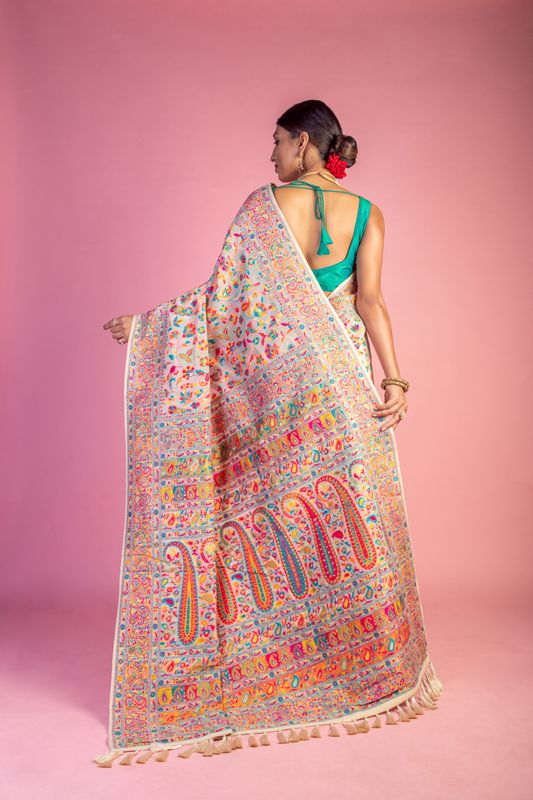 Cream Handloom Wevon Designer Kashmiri Pashmina Saree