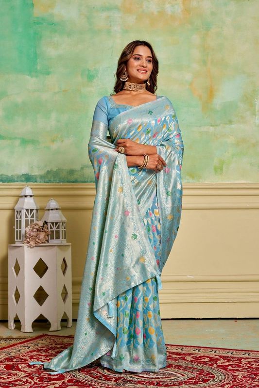 Aqua Cotton Woven Saree With Tassels on Pallu and Stitched Aqua Blouse