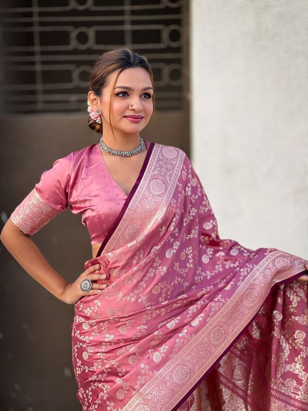 Pink Color Banarasi Silk Wevon Jari Designer Rich Looks Partywear Saree