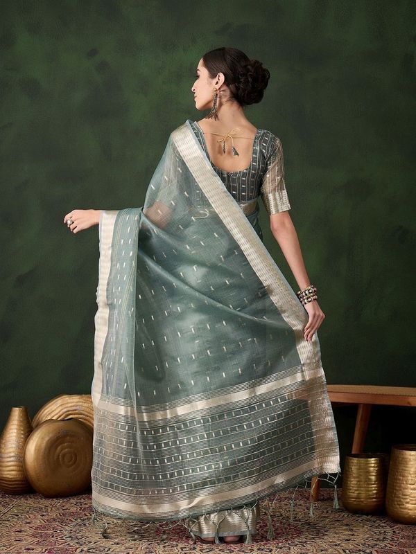 Green Wevon Jacquard Designer Khadi Organza Saree
