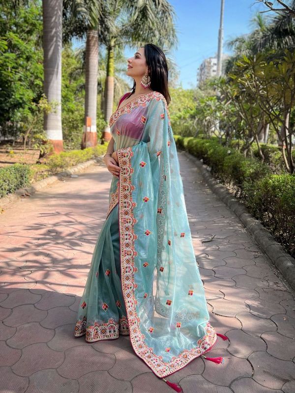 Blue Multy Thread & Jari Embroidery Work Silver Tissue Silk Saree