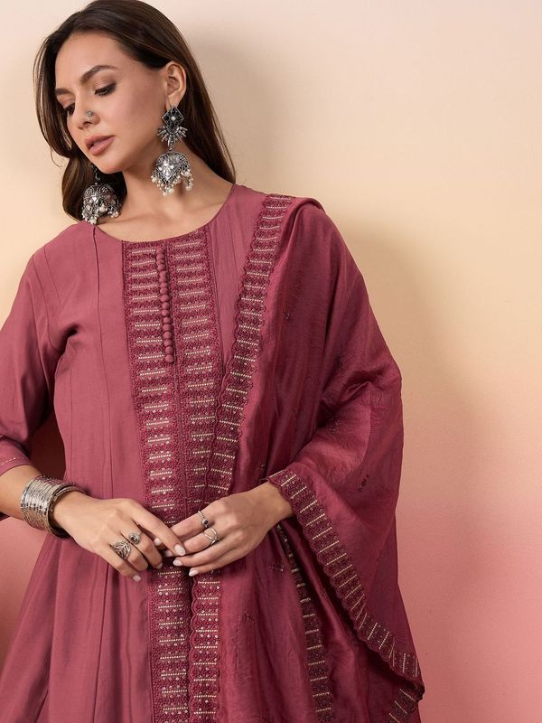 Peach Color Beautiful Woven Silk Readymade Suit with Festive Thread Embroidery Work