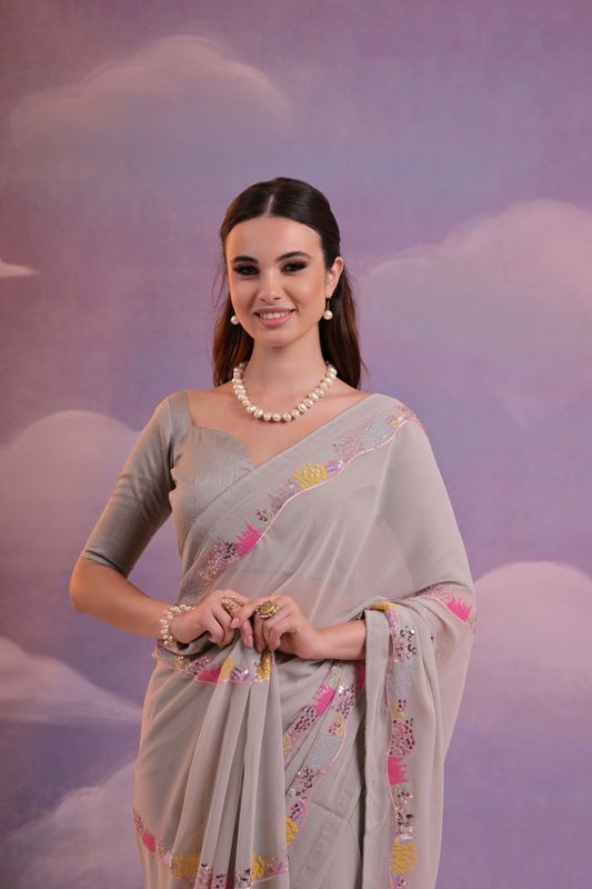 Grey Designer Sequance Embroidery Work Georgette Saree