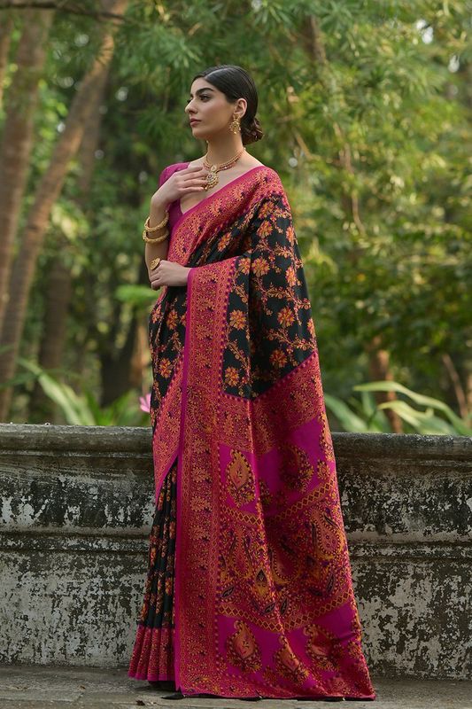 Black All Over Flower With Jal Thread Woven Saree With Thread Woven Pallu Saree