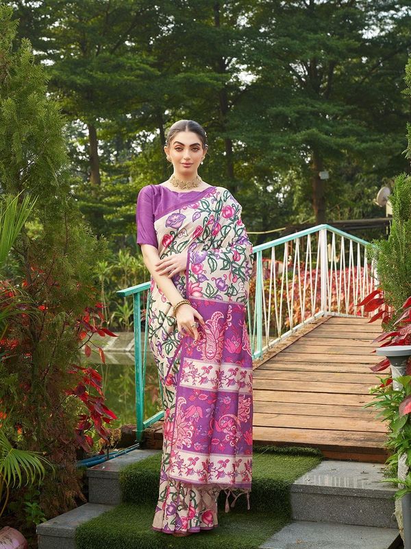 Voilet Designer Kalamkari Printed Tussar Silk Saree