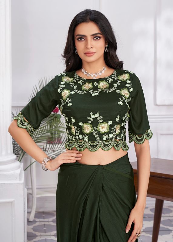 Olive Designer Sequance Embroidery & Hand Work Shimmer Georgette Saree